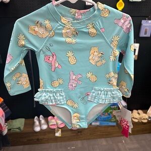 Kids Long-Sleeve Ruffle One-Piece Swimsuit - Aqua Pineapple & Bears